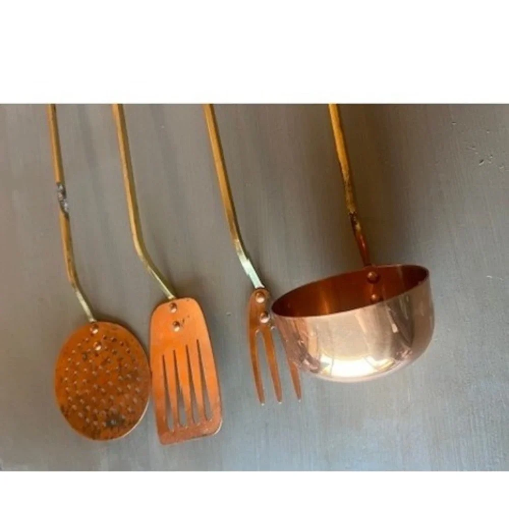 Vintage Copper Brass Kitchen Utensil Set 5pc Korea Patina Rustic Wall Rack